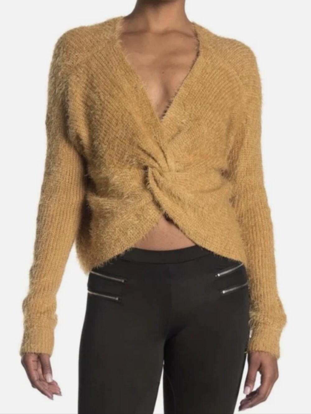 Love Tree Twist Knot Soft Fuzzy Yellow Long Sleeve Sweater